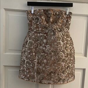 Strapless Floral Embroidered Mini Dress - Neutral Brown